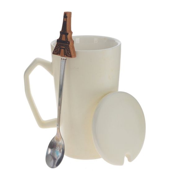 Кружка с крышкой и ложкой, 300 мл, L10 W8 H13 см, дизайн микс