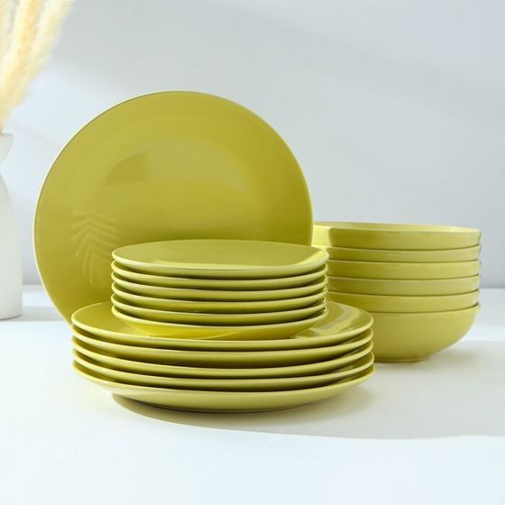 Набор тарелок керамических Доляна «Пастель»,18 предметов: 6 тарелок d=19 см, 6 тарелок d=27 см, 6 мисок d=19 см, цвет жёлтый