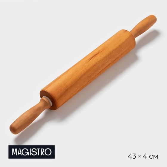 Скалка вращающаяся Magistro, дерево, 43×4 см, рабочая часть 23 см, с фигурными ручками