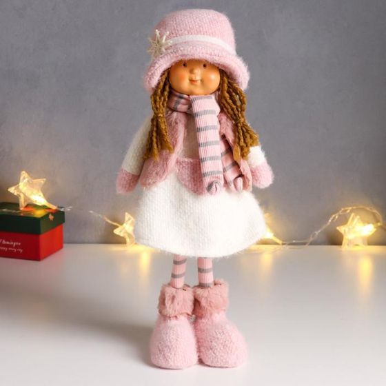 Кукла интерьерная &quot;Малышка с хвостиками, в вязаном бело-розовом наряде и шляпке&quot; 36,5 см