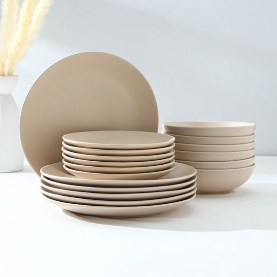 Набор тарелок керамических Доляна «Пастель», 18 предметов: 6 тарелок d=19 см, 6 тарелок d=27 см, 6 мисок d=19 см, цвет крем-брюле