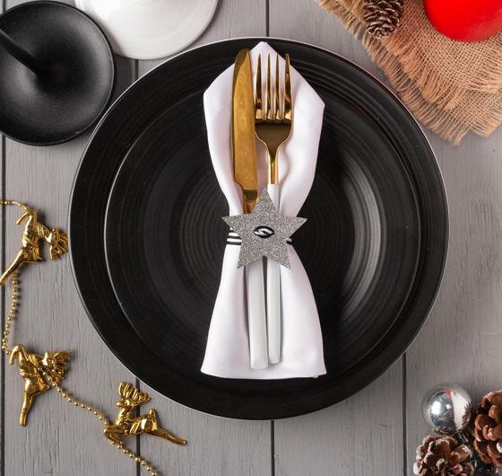 !09 Декор для столовых предметов 2 штуки &quot;Звезда&quot; серебро 6х5,7 см, 100% п/э, фетр