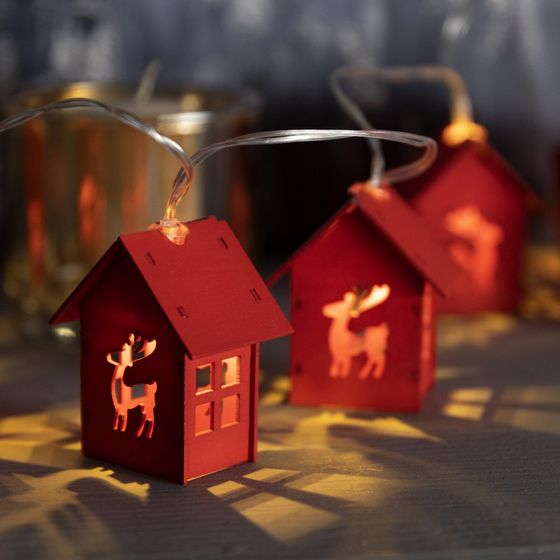 !09 Гирлянда «Нить» 1.5 м с насадками «Дом красный», IP20, прозрачная нить, 10 LED, свечение красное, AAх3