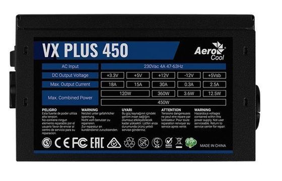 Блок питания 450W ATX AeroCool VX PLUS 450 12cm fan 24pin (4+4)pin PCI-E 2xSATA 2xMolex FDD RTL