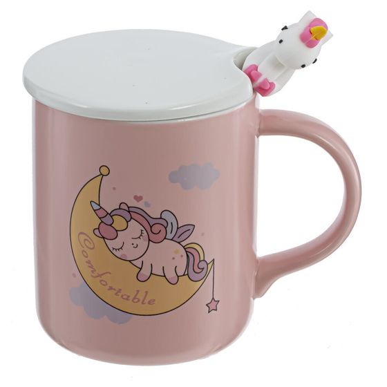 Кружка с крышкой и ложкой, 350 мл, L11,5 W8 H9,5 см, дизайн микс