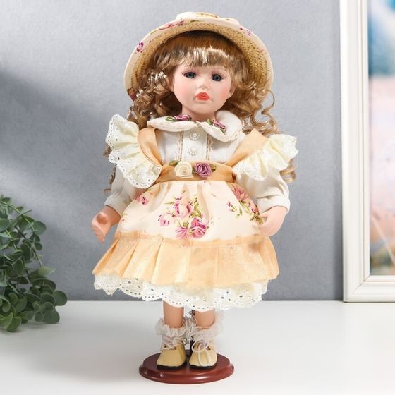 Кукла коллекционная керамика &quot;Алиса в жёлтом платье с цветами, в соломенной шляпке&quot; 30 см