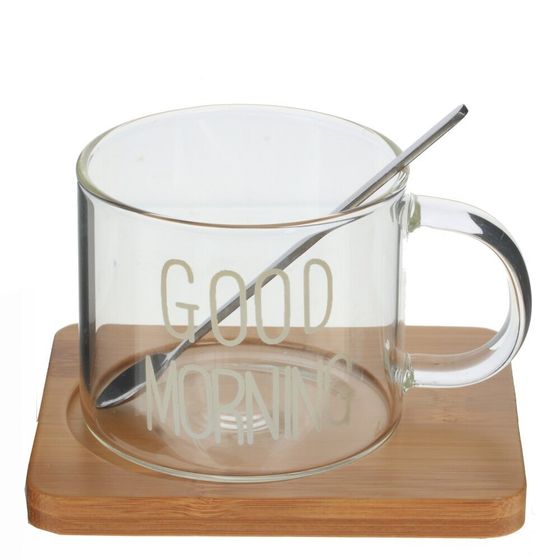 Кружка с ложкой на деревянной подставке, 300 мл, L12 W9,5 H10 см, 2в.