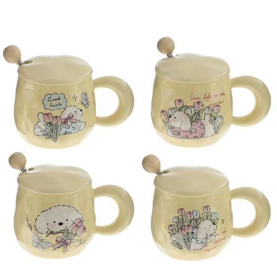 Кружка с крышкой и ложкой, L8,5 W8,5 H8,5 см, дизайн микс