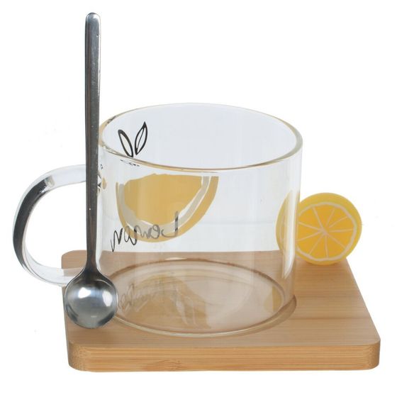 Кружка с ложкой на деревянной подставке, 300 мл, L12 W9,5 H8,5 см, 3в.