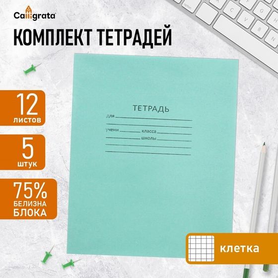 Комплект тетрадей из 5 штук, 12 листов в клетку КПК &quot;Зелёная обложка&quot;, блок №2, белизна 75% (серые листы)