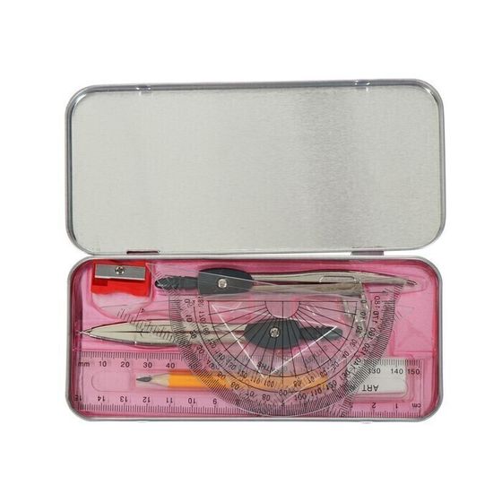 !09 Набор из 2-х готовален: Готовальня Mazari состоит из 9 предметов: 2 циркуля, угольник (60 х 30 х 90), угольник (45 х 45 х 90), линейка (15 см), транспортир, карандаш, ластик, точилка