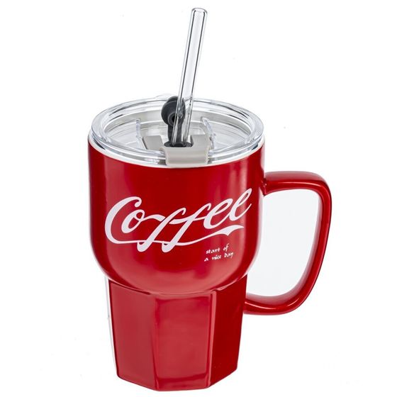 Кружка с крышкой и трубочкой, 400 мл, L13 W9 H19,5 см, 2в.