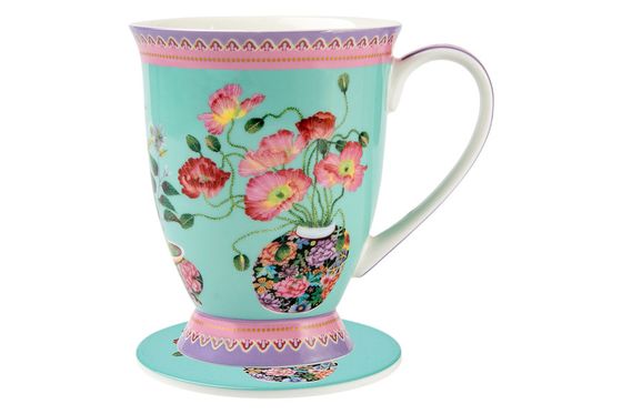 Кружка, 300 мл, на подставке, фарфор P, зеленая, Камелии, Jardin
