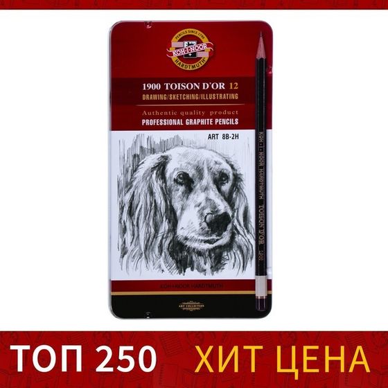 Набор карандашей чернографитных разной твердости 12 штук Koh-i-Noor 1912, 8B-2H, утолщённые, в металлическом пенале