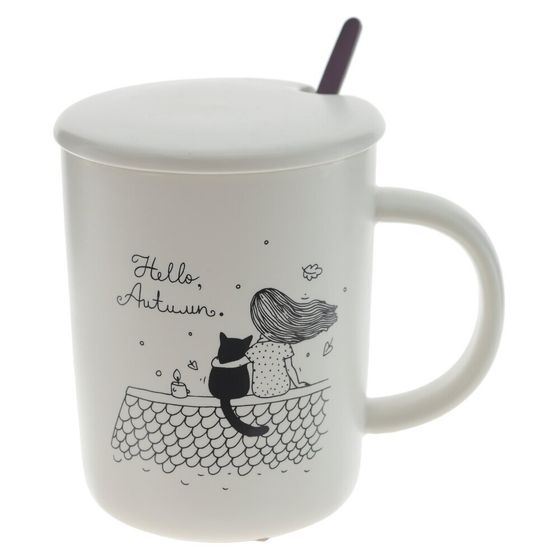 Кружка с крышкой и ложкой, 350 мл, L11,5 W8 H11 см,дизайн микс