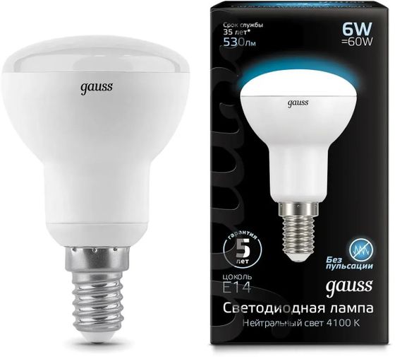 Лампочка светодиодная Gauss R50 6Вт цок.:E14 рефлек. 220B 4100K св.свеч.бел.нейт. (упак.:10шт) (106001206)