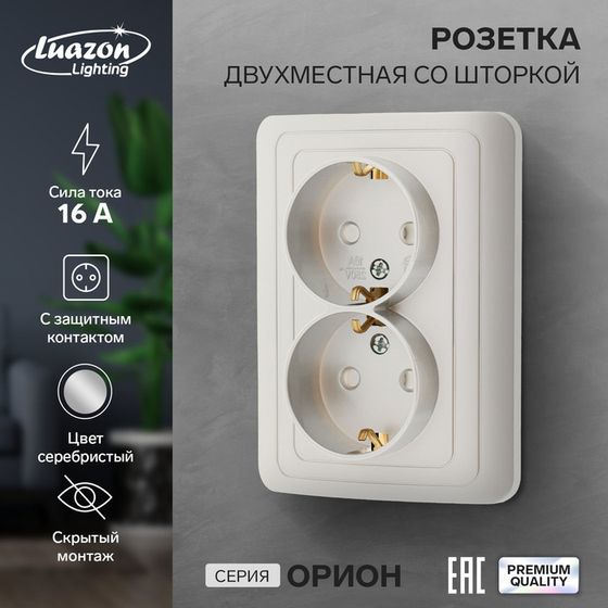 Розетка двухместная со шторкой Luazon Lighting &quot;Орион&quot;, 16 А, скрытая, с з/к, серебристая