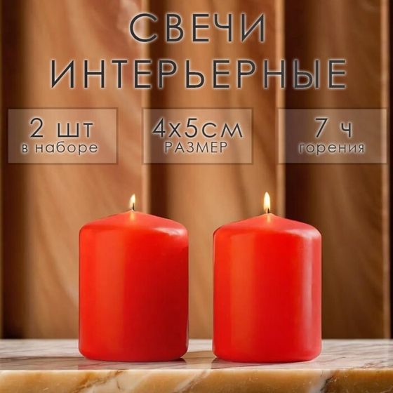 Свеча цилиндр, 4х5 см, набор 2 шт, красная