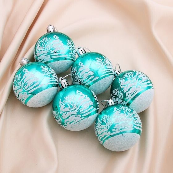 !09 Набор елочных игрушек 6 штук «Зимний лес», шары новогодние, d=6 см. цвет изумруд