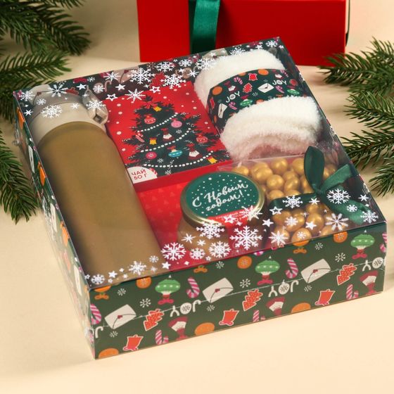 !09 Набор «Веселья в новом году»: чай со вкусом лесных ягод 50 г., крем-мед хлопковый 120 г., арахис в шоколадной глазури, 100 г., носки р-р: 36–39, термос 500 мл.