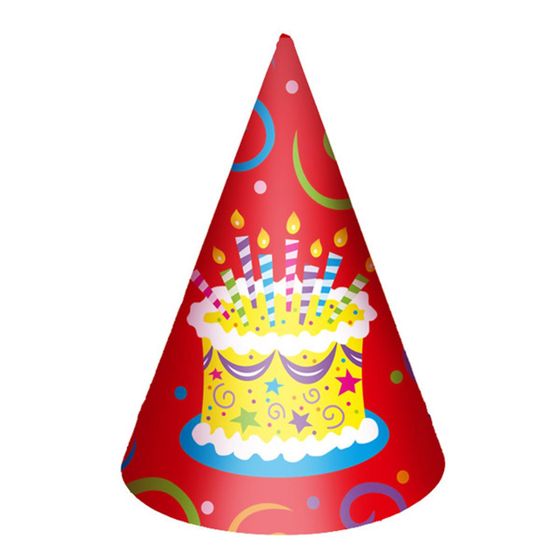 !09 Набор для праздника 18 штук: Язычок-гудок с карточкой "Торт яркий" 12 шт. + Колпак "Торт яркий" 6 штук