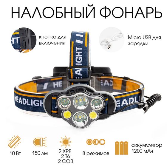 Фонарь налобный аккумуляторный &quot;Мастер К&quot;, 4 LED, 2 COB, 2 аккумуляторных батареи, USB