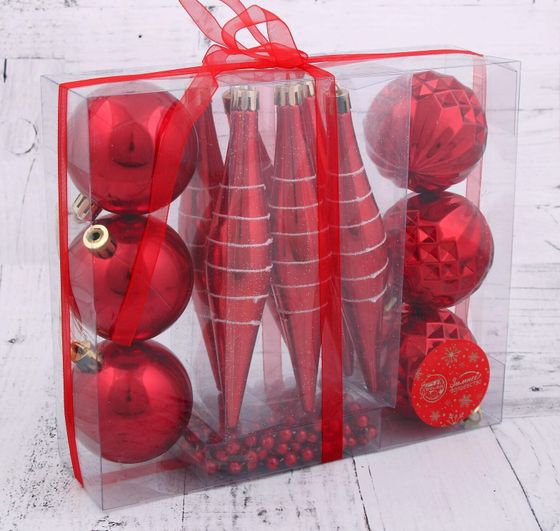 !09 Набор елочных украшений пластик с бусами 13 шт "Рэд" (6 шаров d-5,5 см,6 сосулек 14,5х3 см,бусы 1м)