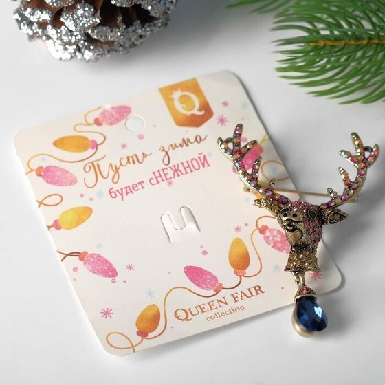 !09 Брошь "Олень с капелькой", цвет розово-синий в золоте