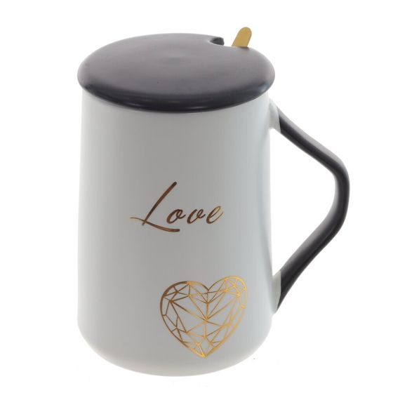 Кружка с крышкой и ложкой, 450 мл, L11 W8,5 H12,5 см, дизайн микс