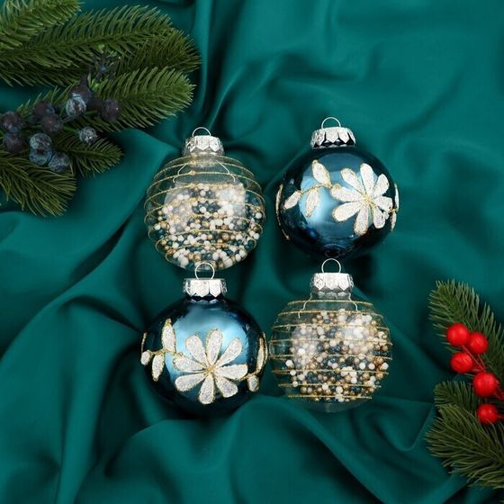 !09 Набор елочных шаров (набор 4 штуки) &quot;Вивьен&quot; пластик d-8 см. цвет бело-синий