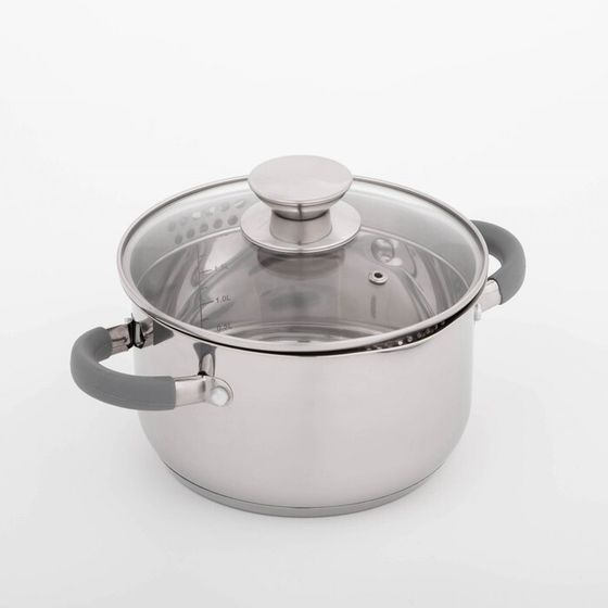 Кастрюля из нержавеющей стали Magistro Tefida, 2,5 л, AISI - 201, крышка-дуршлаг, носик для слива, капсульное дно, силиконовые ручки, стеклянная крышка