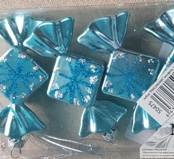 !09 Набор из 8-ми конфет: Елочное украшение &quot;Конфетка&quot; 10 см. блеск цвет голубой