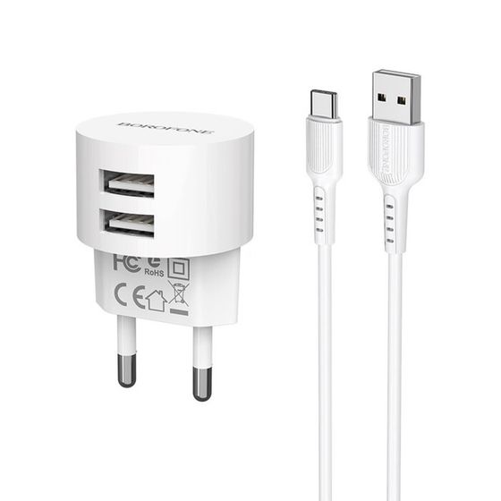 Сетевое зарядное устройство Borofone BA23A, 2xUSB, 2.4 А, 1 м, белое