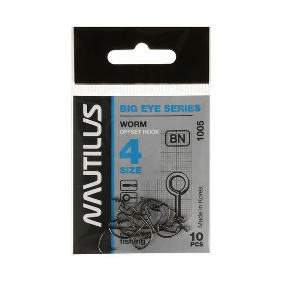 Крючок офсетный Nautilus Offset Big Eye Series Worm 1005, № 4, 10 шт.