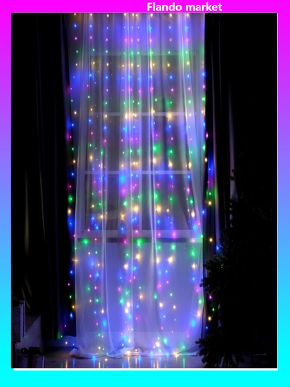 !09 Гирлянда «Занавес» 2.8 × 3 м роса на крючках, с пультом, IP20, серебристая нить, 300 LED, свечение мульти, 8 режимов, USB