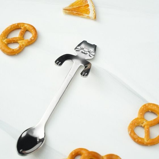 !09 Набор 2 штуки - Ложка чайная из нержавеющей стали Magistro «Котик», длина 11,5 см, цвет серебряный!!