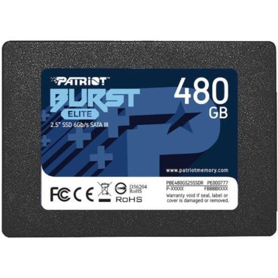 Накопитель SSD 480Gb Patriot SATA-III Burst Elite 3D NAND Скорость записи 320 Мб/сек. Скорость чтения 450 Мб/сек. TbW 200 Tb PBE480GS25SSDR
