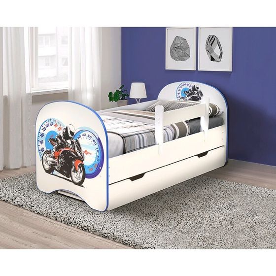 Кровать детская с фотопечатью «Байк», 1600х800 мм, с 1-м ящиком и бортиком, цвет белый
