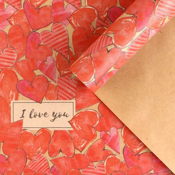 !09 Набор из 2-х листов бумаги упаковочной кратовой размер 50 × 70 см: Бумага двусторонняя «Облака» + Бумага "Сердца"