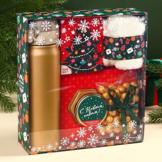 !09 Набор «Веселья в новом году»: чай со вкусом лесных ягод 50 г., крем-мед хлопковый 120 г., арахис в шоколадной глазури, 100 г., носки р-р: 36–39, термос 500 мл.