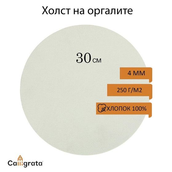 Холст круглый на оргалите 4мм, d-30 хлопок 100% акриловый грунт м/з 250г/м²