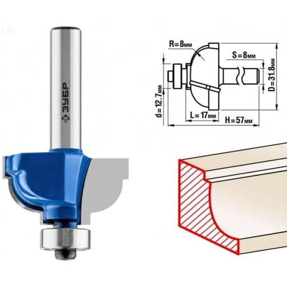 Фреза кромочная ЗУБР 28708-31.8, калевочная №7, R = 8 мм, 31.8 x 17 мм