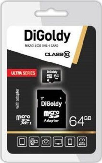 Карта памяти microSDXC 64GB Digoldy + адаптер (microSDXC 64GB Class10 UHS-1 + адаптер SD)