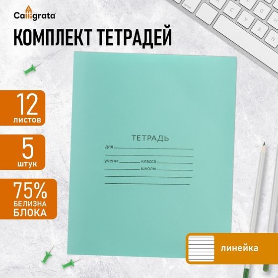 Комплект тетрадей из 5 штук, 12 листов в линию КПК &quot;Зелёная обложка&quot;, блок №2, белизна 75% (серые листы)