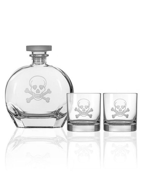 Skull And Crossbones 3 Piece Gift Set - Whiskey Decanter And Rocks Glasses