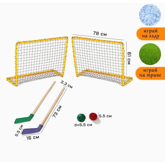 Хоккей, набор 6 в 1: клюшка 2 шт, ворота 2 шт, шайба, мячик, в коробке