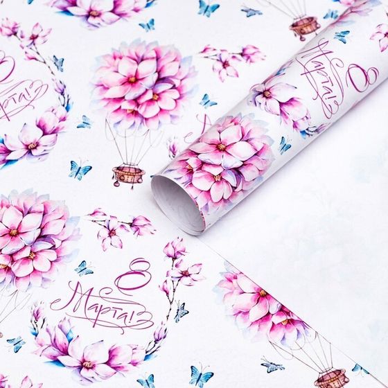 !Бумага упаковочная 3 листа глянцевая &quot;Цветы на воздушном шаре&quot;, 70 × 100 см.
