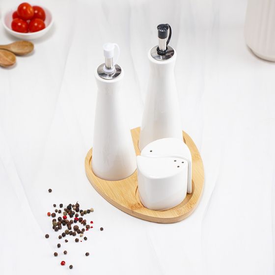 !09 Набор для специй «Эстет», 4 предмета: 2 соусника, солонка, перечница, на деревянной подставке