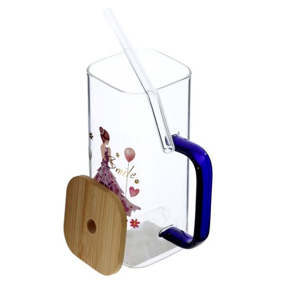 Кружка с крышкой и трубочкой, L5,8 W5,8 H13,5 см, 1 штука, дизайн микс