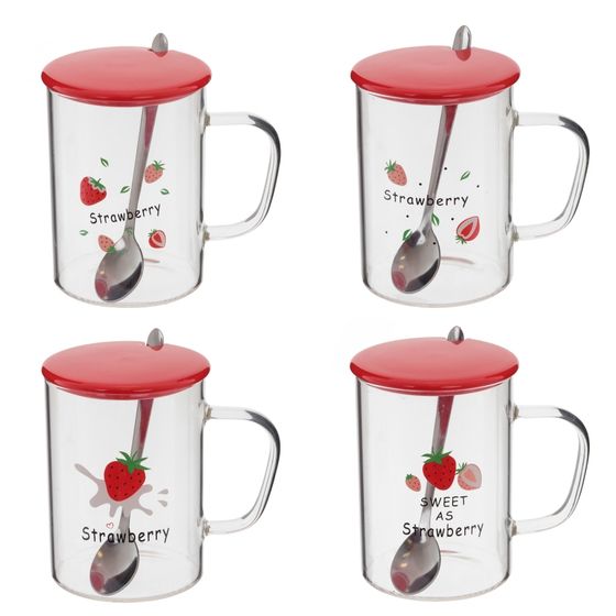 Кружка с крышкой и ложкой, 450 мл, L12 W8,5 H12 см, 4в.